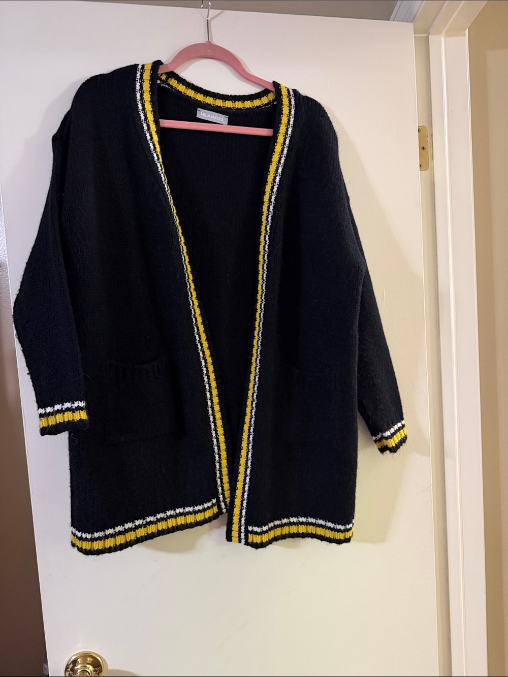 Black Open-Front Cardigan Sweater with Yellow Trim with pockets